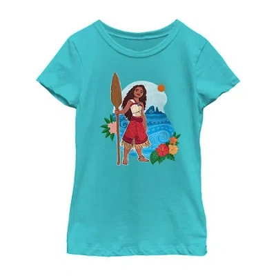 Disney Collection Little & Big Kid Girls Crew Neck Short Sleeve Moana Graphic T-shirt In Blue
