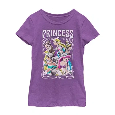 Disney Collection Little & Big Kid Girls Crew Neck Short Sleeve Regular Fit Ariel Belle Cinderella Graphic  In Purple