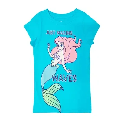 Disney Collection Little & Big Kid Girls Crew Neck Short Sleeve Regular Fit Ariel Princess The Little Merma In Blue