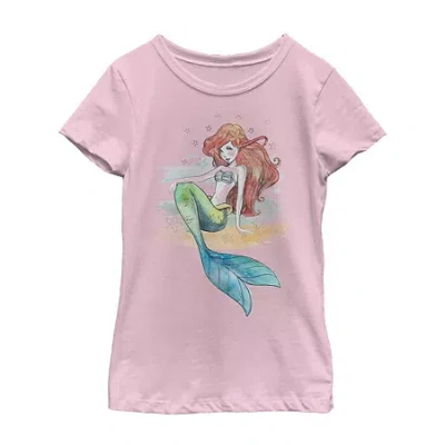 Disney Collection Little & Big Kid Girls Crew Neck Short Sleeve Regular Fit Ariel The Little Mermaid Graphi In Pink