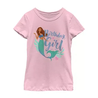 Disney Collection Little & Big Kid Girls Crew Neck Short Sleeve Regular Fit Ariel The Little Mermaid Graphi In Pink