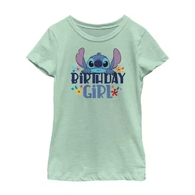 Disney Collection Little & Big Kid Girls Crew Neck Short Sleeve Regular Fit Lilo & Stitch Graphic T-shirt In Green