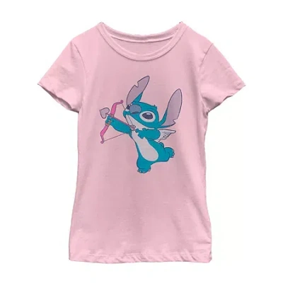 Disney Collection Little & Big Kid Girls Crew Neck Short Sleeve Regular Fit Lilo & Stitch Graphic T-shirt In Pink
