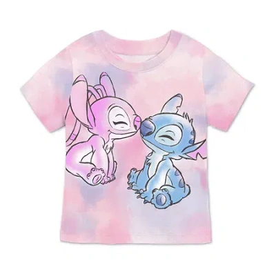 Disney Collection Little & Big Kid Girls Crew Neck Short Sleeve Regular Fit Lilo & Stitch Graphic T-shirt In Pink