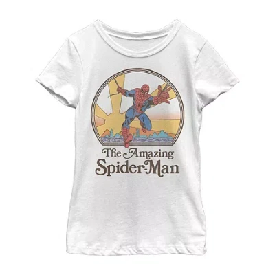 Disney Collection Little & Big Kid Girls Crew Neck Short Sleeve Regular Fit Marvel Spiderman Graphic T-shir In White