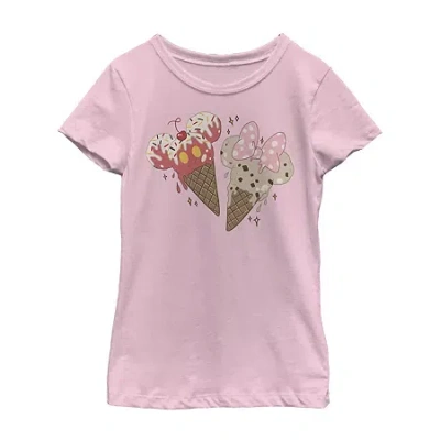 Disney Collection Little & Big Kid Girls Crew Neck Short Sleeve Regular Fit Mickey And Friends Graphic T-sh In Pink