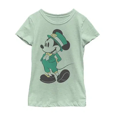 Disney Collection Little & Big Kid Girls Crew Neck Short Sleeve Regular Fit Mickey And Friends Mickey Mouse In Green
