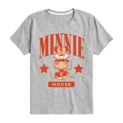 Disney Collection Little & Big Kid Girls Crew Neck Short Sleeve Regular Fit Minnie Mouse Graphic T-shirt In Gray