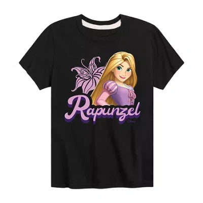 Disney Collection Little & Big Kid Girls Crew Neck Short Sleeve Regular Fit Rapunzel Graphic T-shirt In Black