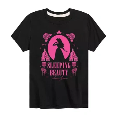 Disney Collection Little & Big Kid Girls Crew Neck Short Sleeve Regular Fit Sleeping Beauty Graphic T-shirt In Black