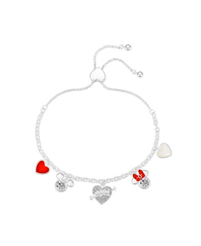 Disney Crystal Mickey And Minnie Heart Bolo Bracelet In Silver