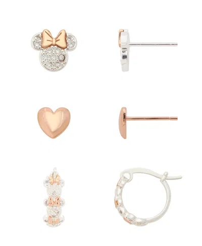 Disney Cubic Zirconia And Crystal Heart Minnie Trio Stud And Hoop Earrings, 3-piece Set In Gold