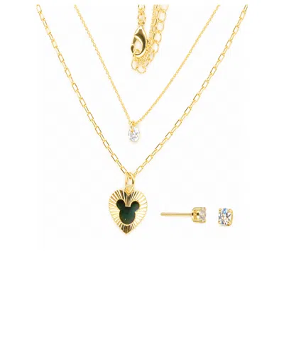 Disney Cubic Zirconia Gold-tone Mickey Mouse Layered Heart Pendant Necklace And Stud Earrings, 2-piece Set
