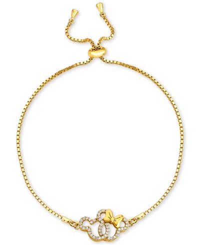 Disney Cubic Zirconia Mickey & Minnie Mouse Interlocking Bolo Bracelet In 18k Gold-plated Sterling Silver In Gold Over Silver
