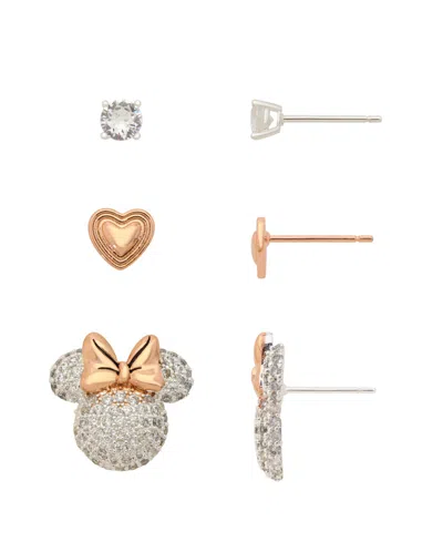 Disney Cubic Zirconia Silver-tone Heart Stud Earrings, 3-piece Set In Gold