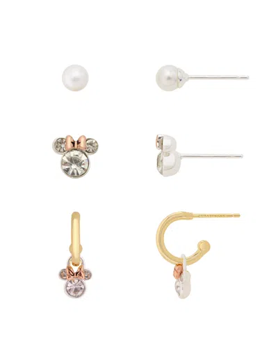 Disney Faux Pearl And Crystal Minnie Gold Plated Hoop And Stud Earrings, 3-piece Set In Brown