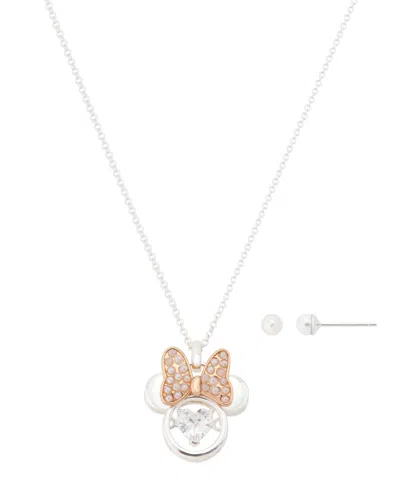 Disney Imitation Pearl And Cubic Zirconia Silver-tone Minnie Mouse Pendant And Stud Earring Set In Metallic