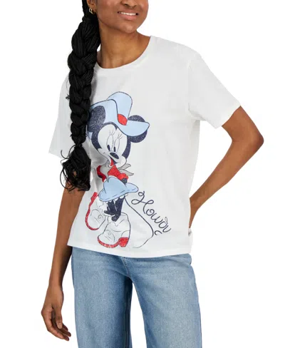 Disney Juniors' Howdy Minnie Short-sleeve Crewneck Tee In Egret