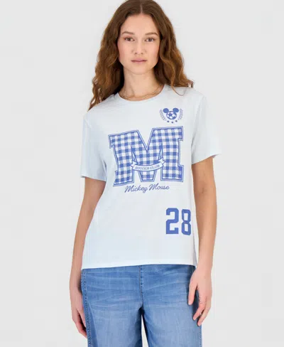 Disney Juniors' Mickey Gingham Graphic Print T-shirt In White