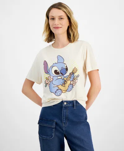 Disney Juniors' Retro Ohana Stitch Crewneck T-shirt In Whitecap Grey