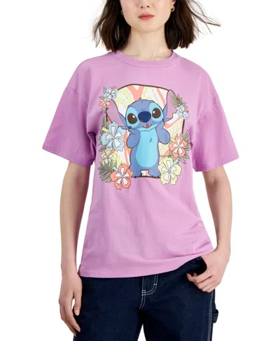 Disney Juniors' Stitch Floral Boyfriend T-shirt In Purple