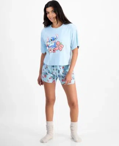 Disney Juniors Stitch Floral Graphic T Shirt Pull On Lounge Shorts In Baby Blue