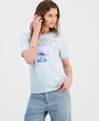 Disney Juniors' Stitch Graphic-print Crewneck Varsity Tee In Blue