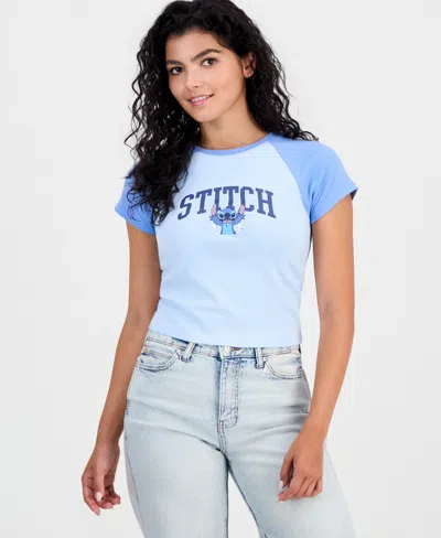 Disney Juniors' Stitch Ribbed Crewneck Raglan Tee In Blue