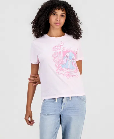 Disney Juniors' Stitch Social Club Graphic Short-sleeve T-shirt In Ballet Slipper