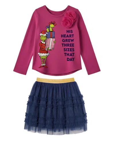 Disney Kids' Kate Mack Girls 2t-6x Grinch Long-sleeve Top And Mesh Skirt, 2-piece Set In Multi