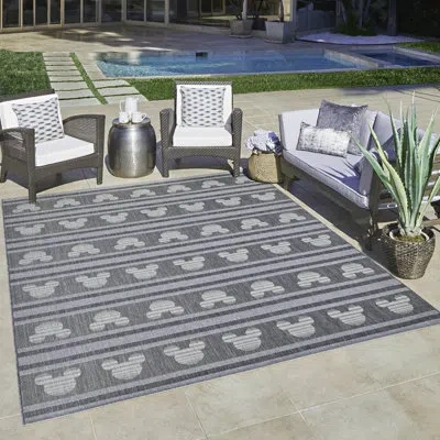 Disney Licensed  Mickey Mouse Ash Gray/ivory Stripes Flatweave Indoor/outdoor Area Rug In White;ivory;silver;gray