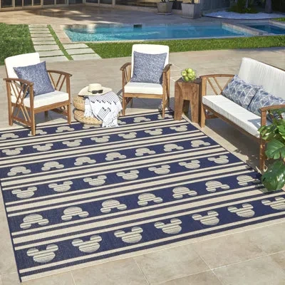 Disney Licensed  Mickey Mouse Navy/ivory Stripes Flatweave Indoor/outdoor Area Rug In Blue;beige;navy;cream