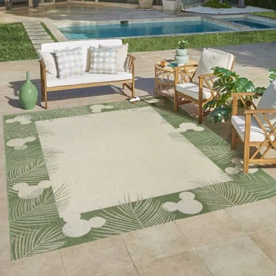 Disney Licensed  Mickey Mouse Palm Border Indoor/outdoor Flatweave Area Rug In Beige;green;cream