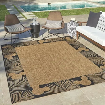 Disney Licensed  Mickey Mouse Palm Border Indoor/outdoor Flatweave Area Rug In Brown;beige;ivory;tan;cream