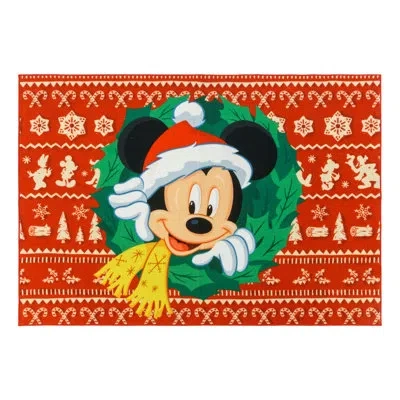 Disney Licensed  Mickey Mouse Red Green Christmas Wreath Accent Non-slip Area Rug In Red;green