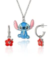 Disney Lilo & Stitch Jewelry Set, Flower Charm Hoop Earrings, 16+3" Necklace In Multi