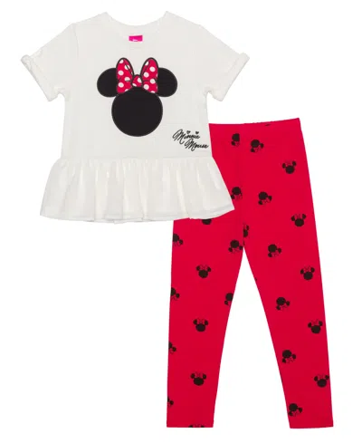 Disney Kids' Little Girls Minnie Head Bow Short Sleeve Top And Leggings, 2 Piece Set In White