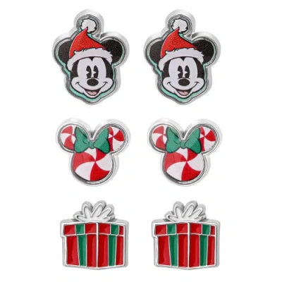 Disney Mickey And Minnie Mouse Holiday Stud Earring Set, Mickey Santa, Peppermint Minnie And Gift Bo In Multi
