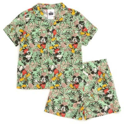 Disney Kids'  Mickey Mouse Button-down T-shirt & Shorts Set In Green