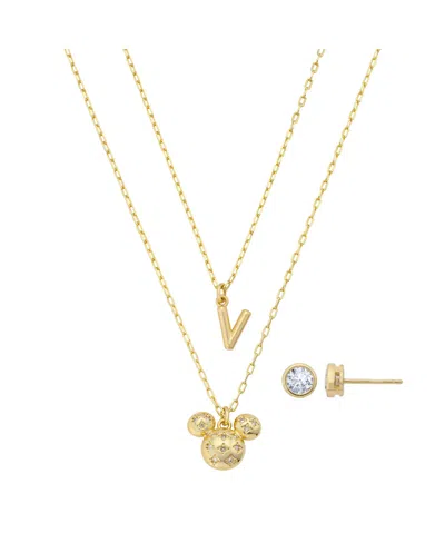 Disney Mickey Mouse Cubic Zirconia Initial Pendant Necklace And Earring Set In Gold
