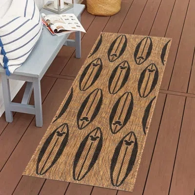 Disney Mickey Mouse Tropical Surf Board Brown/ Black Flatweave Indoor/ Outdoor Area Rug In Black;brown;tan
