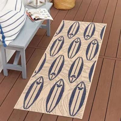Disney Mickey Mouse Tropical Surf Board Navy Blue/ Beige Flatweave Indoor/ Outdoor Area Rug In Blue;beige;ivory;navy