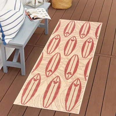 Disney Mickey Mouse Tropical Surf Board Red/ Beige Flatweave Indoor/ Outdoor Area Rug In Red;beige