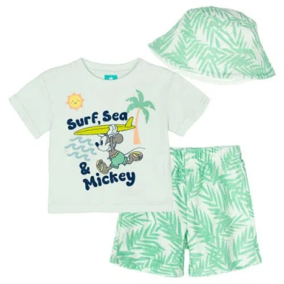 Disney Babies'  Mickey Mouse T-shirt Shorts And Bucket Hat Set In Green