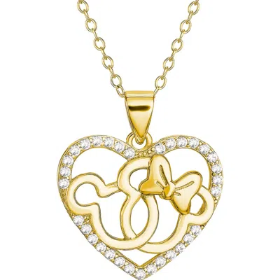 Disney Minnie And Mickey Mouse Necklace, Cubic Zirconia Interlocking Heart Pendant In Gold