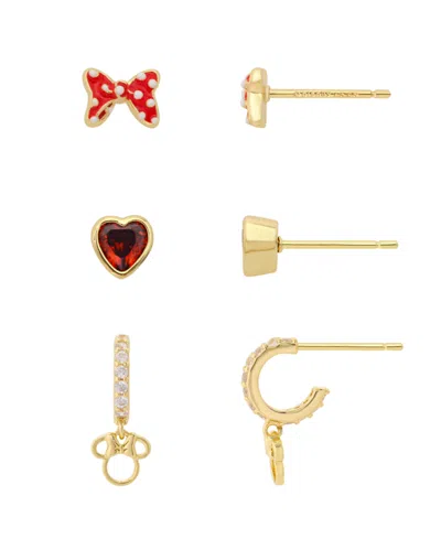 Disney Minnie Heart Cubic Zirconia Gold-tone Earrings, 3-pair Set In Multi