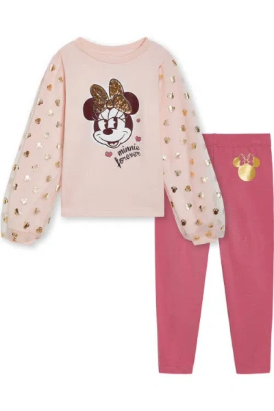 Disney Kids'  Minnie Mouse 2-piece Long Sleeve T-shirt And Leggings Set In Pink