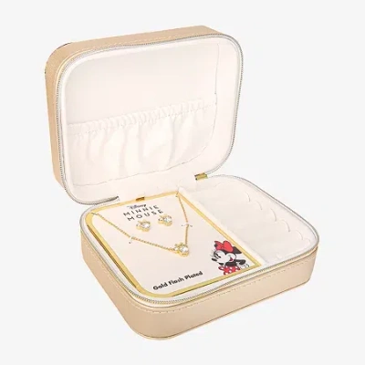Disney Minnie Mouse Jewelry Travel Case W/ Brass Earring And Pendant Necklace Set In Gold