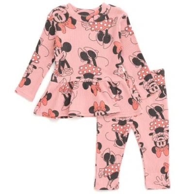 Disney Kids'  Minnie Mouse Ribbed Long Sleeve Tee And Pants Set In Pink