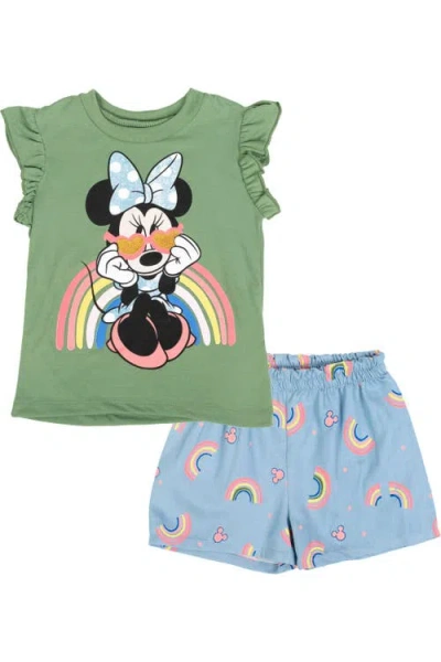 Disney Babies'  Minnie Mouse T-shirt And Chambray Shorts Set In Green